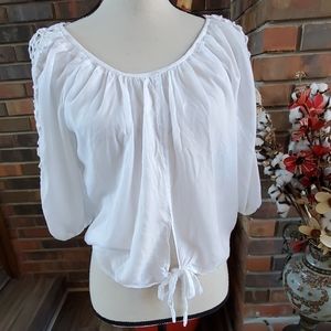 Mimi Tie Front Semi-Cropped Top Crochet Sleeves